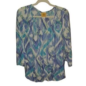 Ruby Rd Boho Tunic Top M – Blue Purple Ikat Print 3/4 Sleeve Tassel Blouse